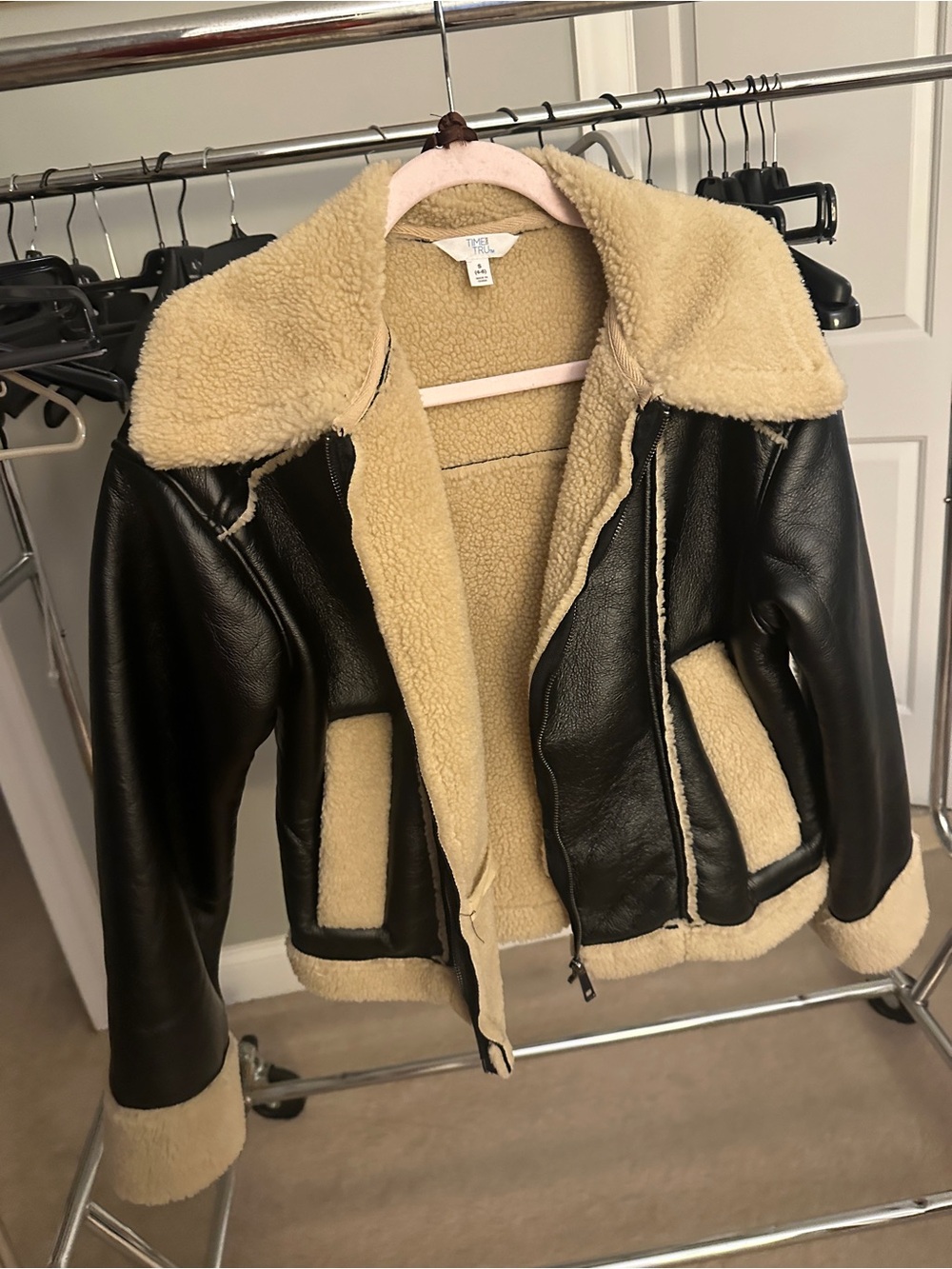 Women’s Faux Shearling Aviator Jacket - Black/Cream